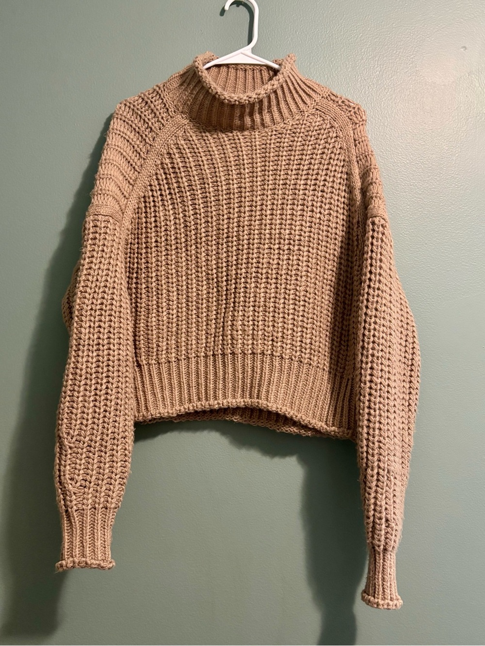 H&M Ribbed Cowl Neck Sweater in Camel Beige
